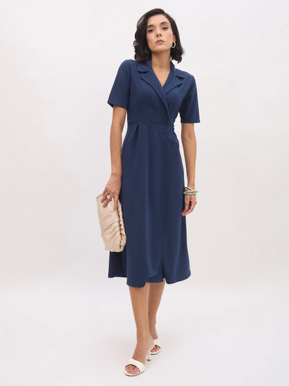Women Blue Notch Collar Button Midi Dress