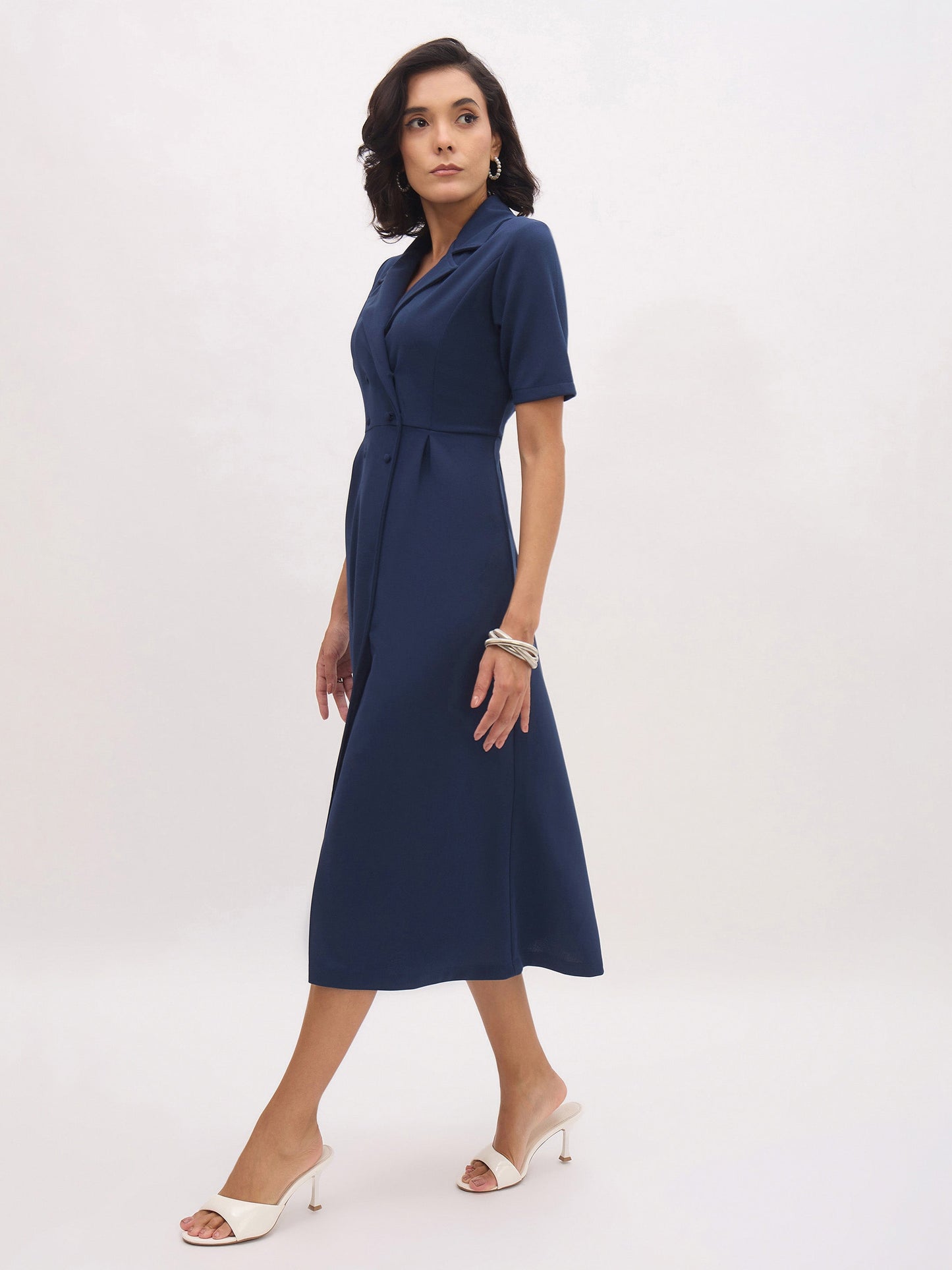Women Blue Notch Collar Button Midi Dress