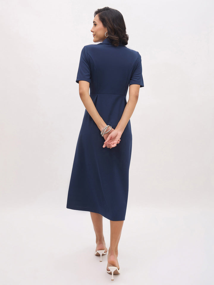 Women Blue Notch Collar Button Midi Dress