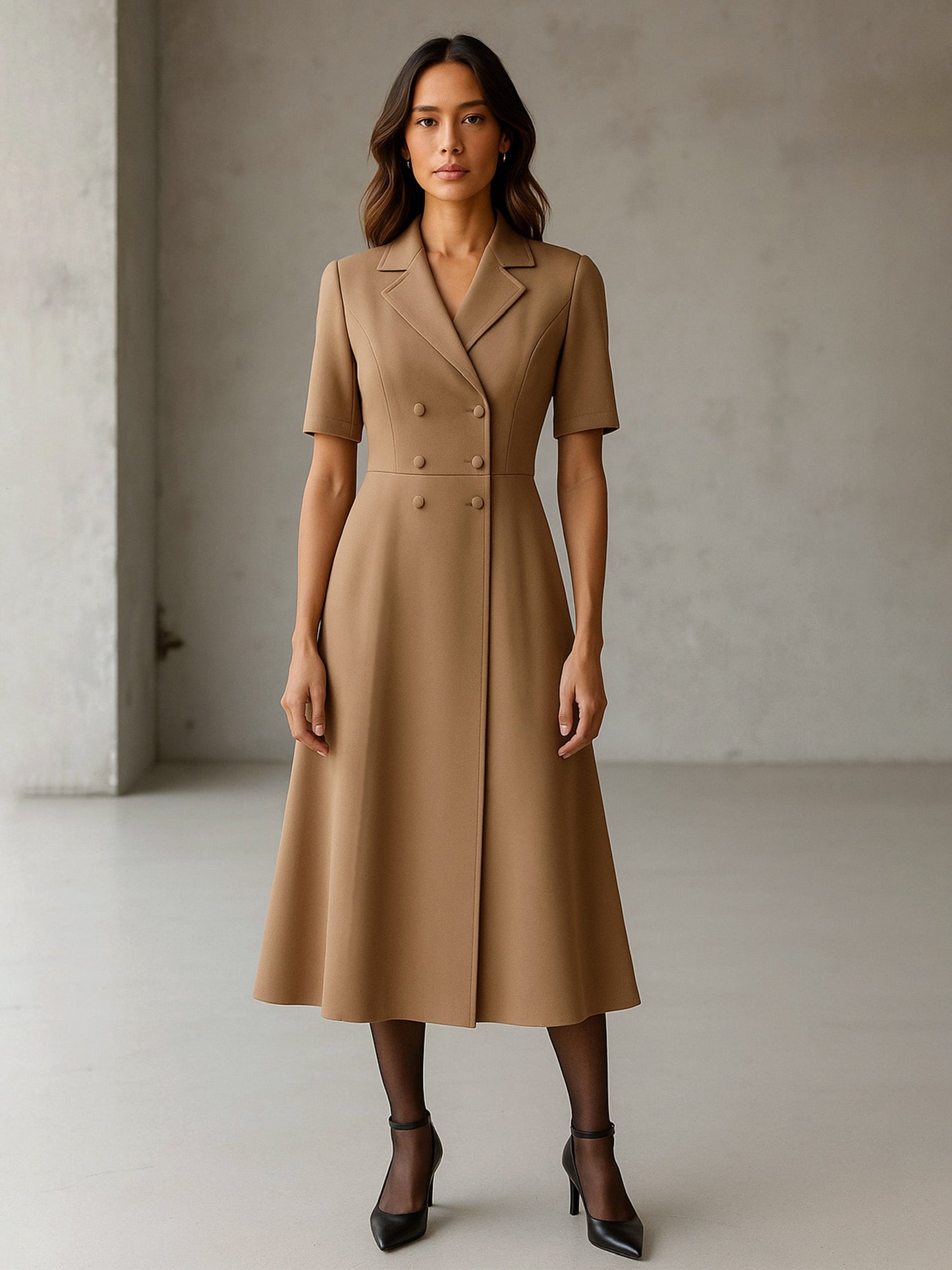Women Beige Notch Collar Button Midi Dress