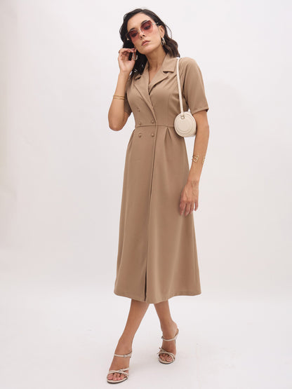 Women Beige Notch Collar Button Midi Dress