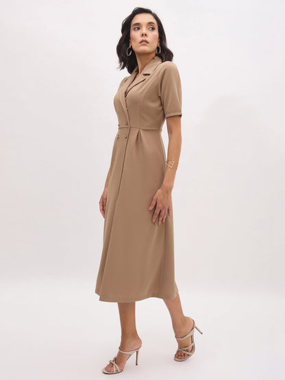 Women Beige Notch Collar Button Midi Dress