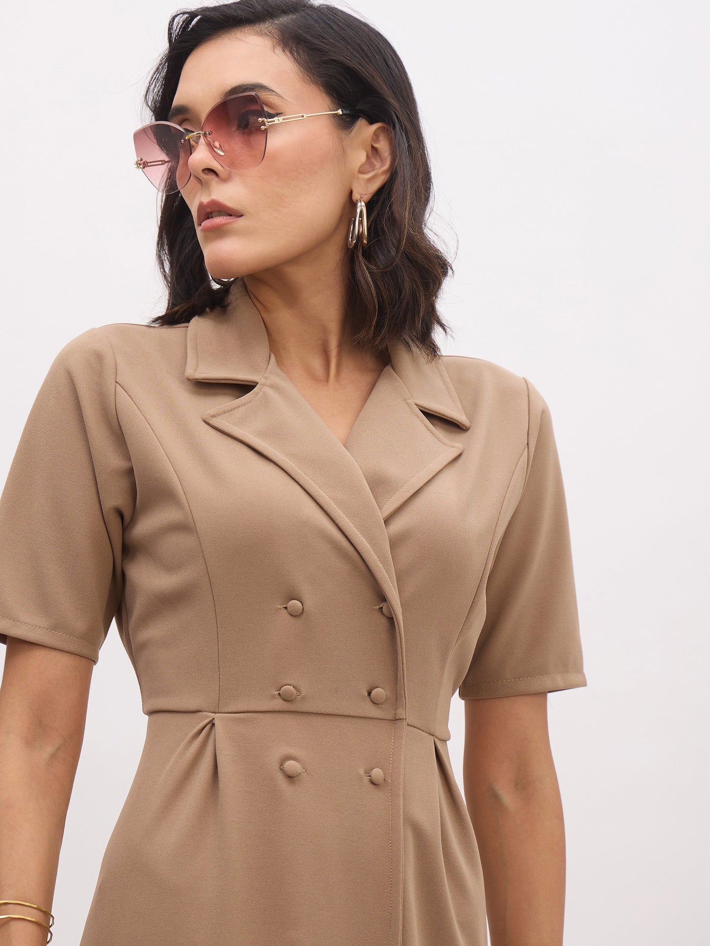 Women Beige Notch Collar Button Midi Dress