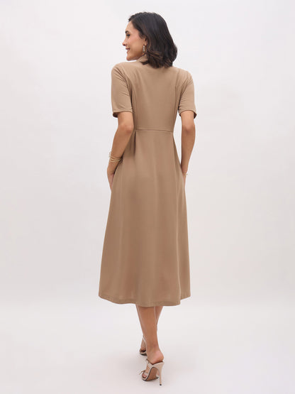 Women Beige Notch Collar Button Midi Dress