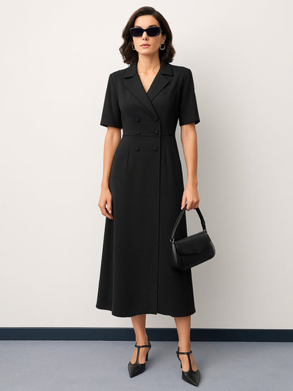 Women Black Notch Collar Button Midi Dress