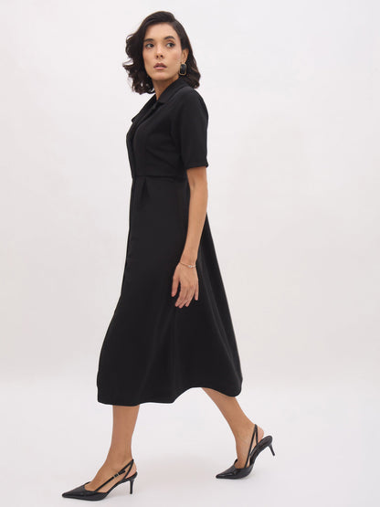 Women Black Notch Collar Button Midi Dress