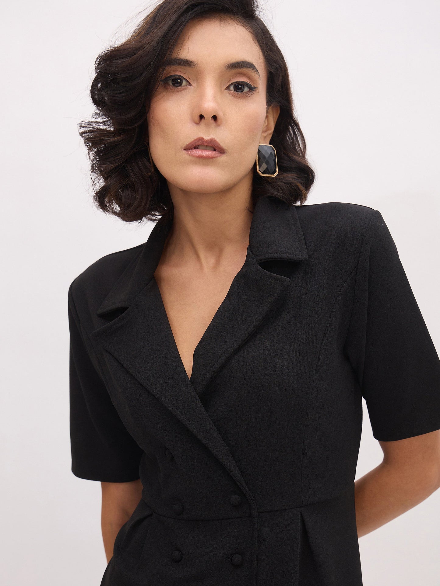 Women Black Notch Collar Button Midi Dress