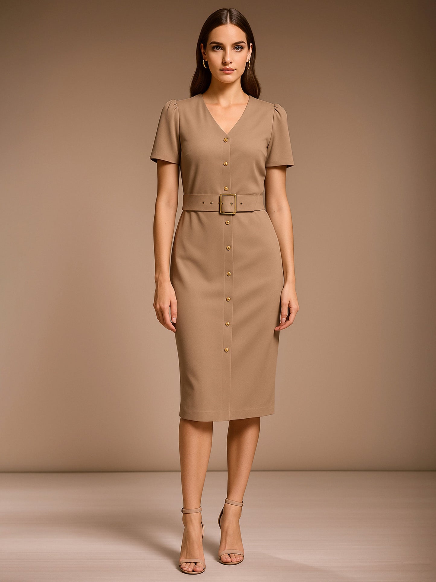 Women Beige V Neck Button Belt Midi dress