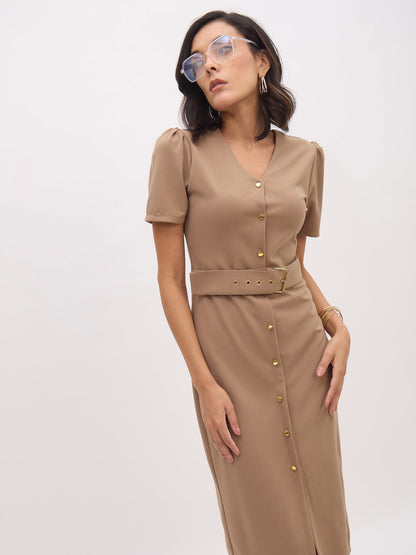Women Beige V Neck Button Belt Midi dress