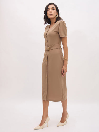 Women Beige V Neck Button Belt Midi dress