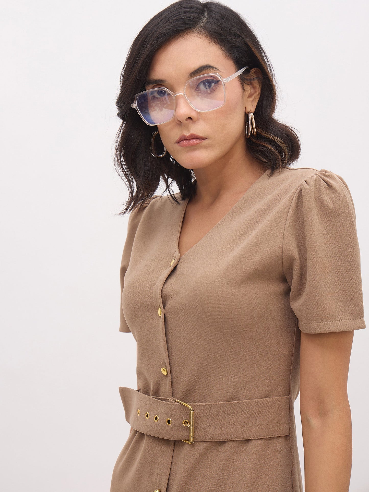 Women Beige V Neck Button Belt Midi dress