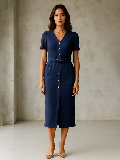 Women Blue V Neck Button Belt Midi dress