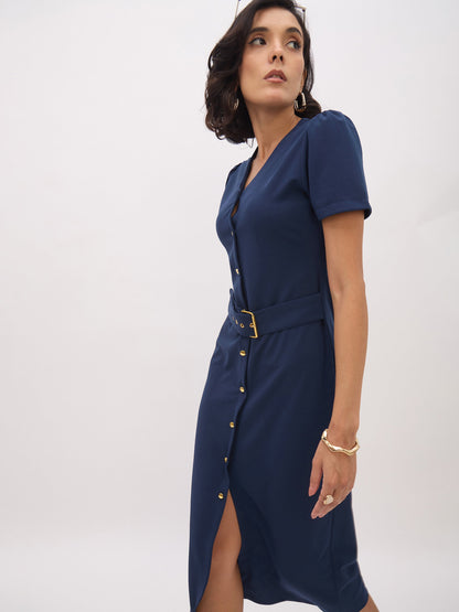 Women Blue V Neck Button Belt Midi dress