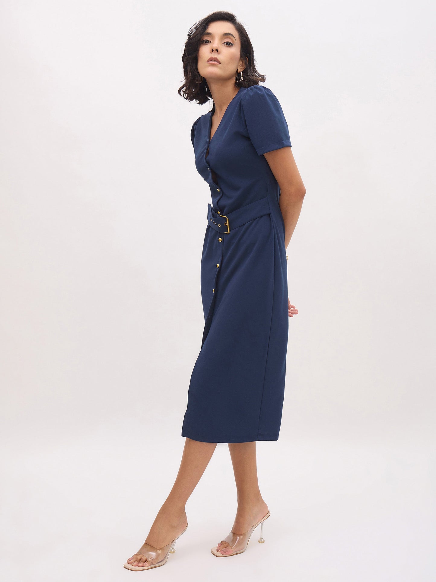 Women Blue V Neck Button Belt Midi dress