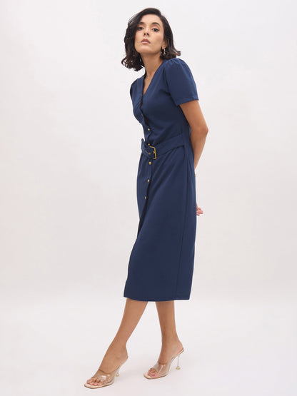 Women Blue V Neck Button Belt Midi dress