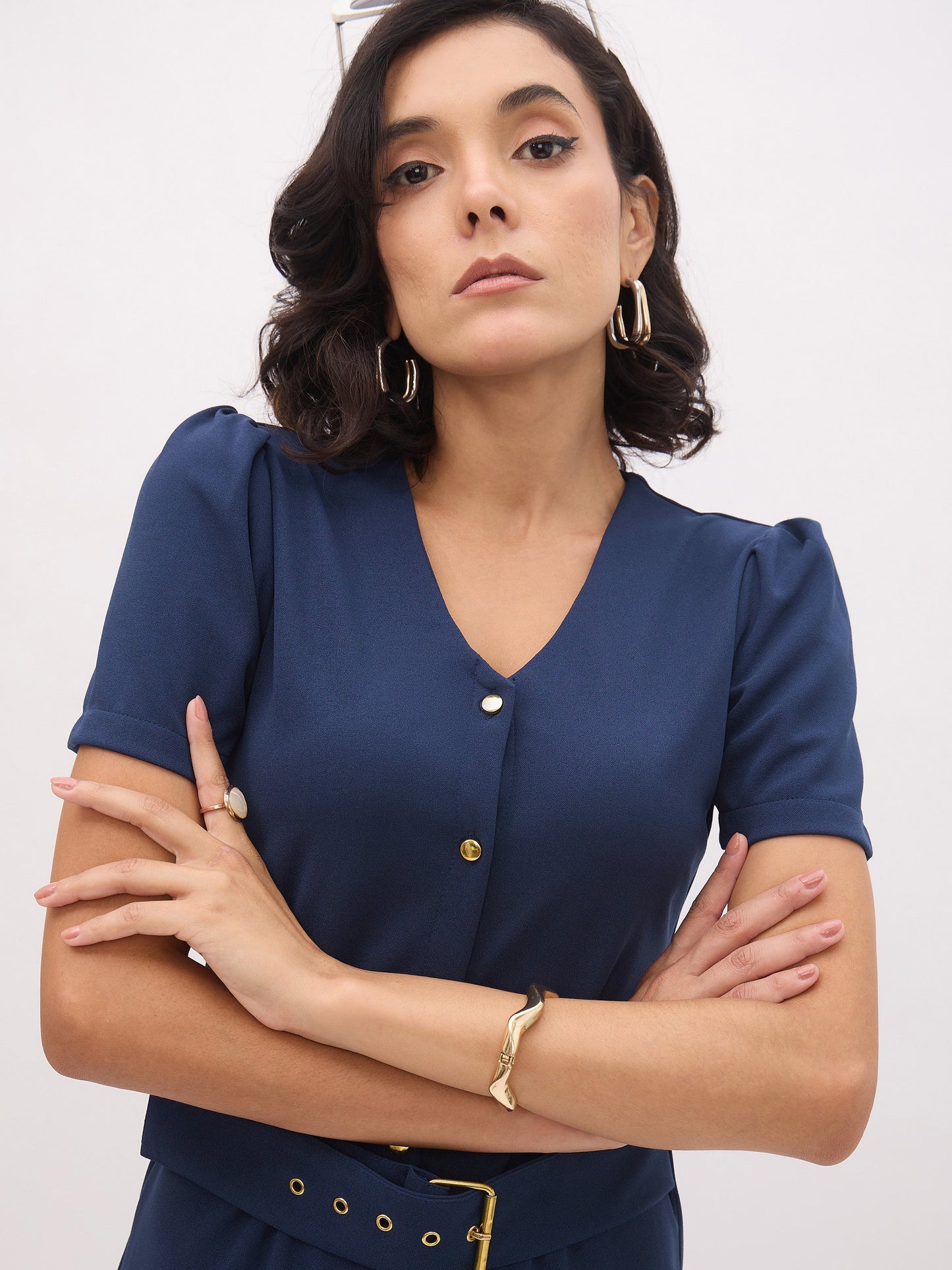 Women Blue V Neck Button Belt Midi dress