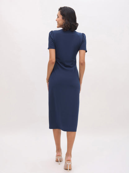 Women Blue V Neck Button Belt Midi dress