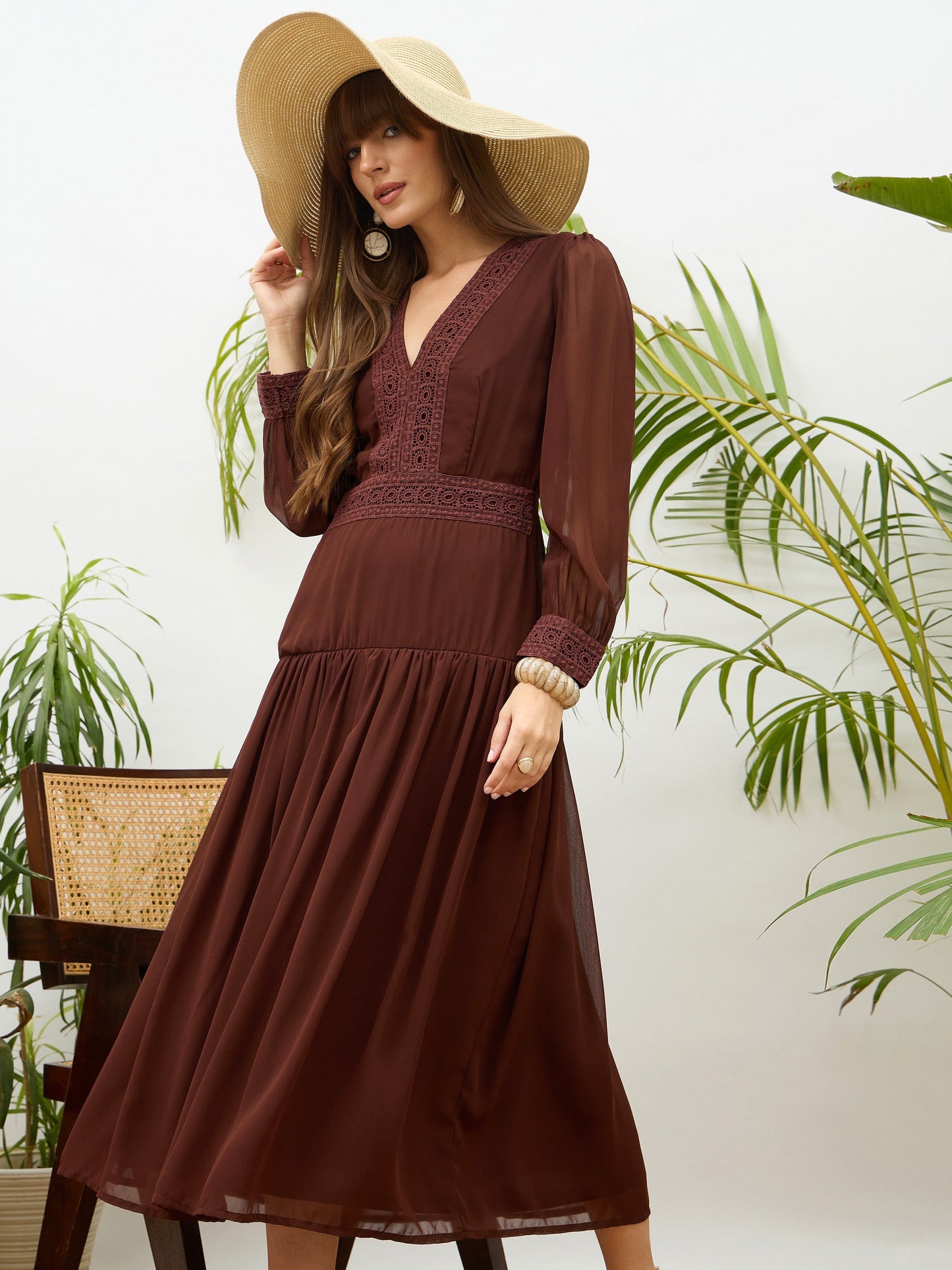 Women Dark Brown V-Neck Lace Detail Maxi Dress