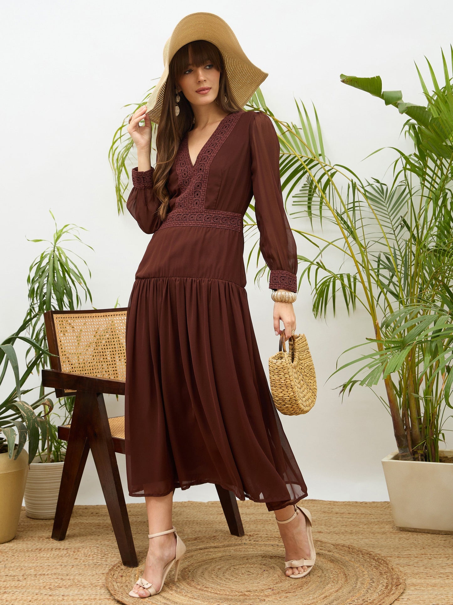 Women Dark Brown V-Neck Lace Detail Maxi Dress
