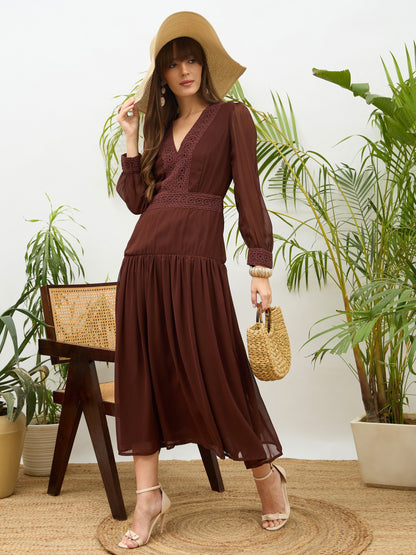 Women Dark Brown V-Neck Lace Detail Maxi Dress