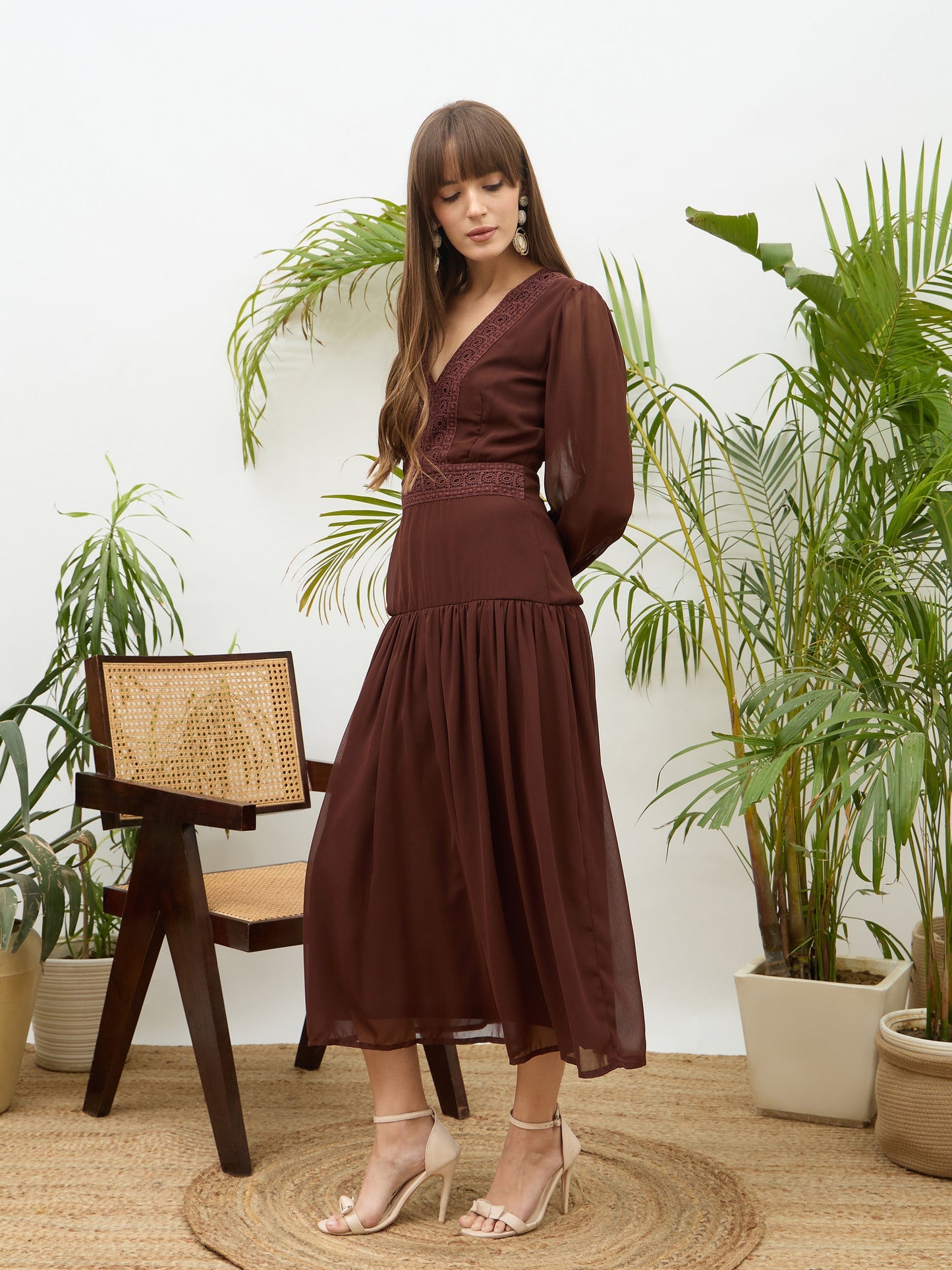 Women Dark Brown V-Neck Lace Detail Maxi Dress