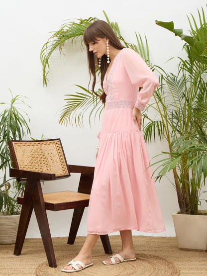 Women Light Pink V-Neck Lace Detail Maxi Dress