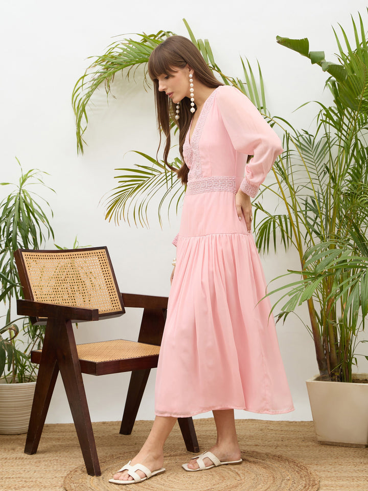 Women Light Pink V-Neck Lace Detail Maxi Dress