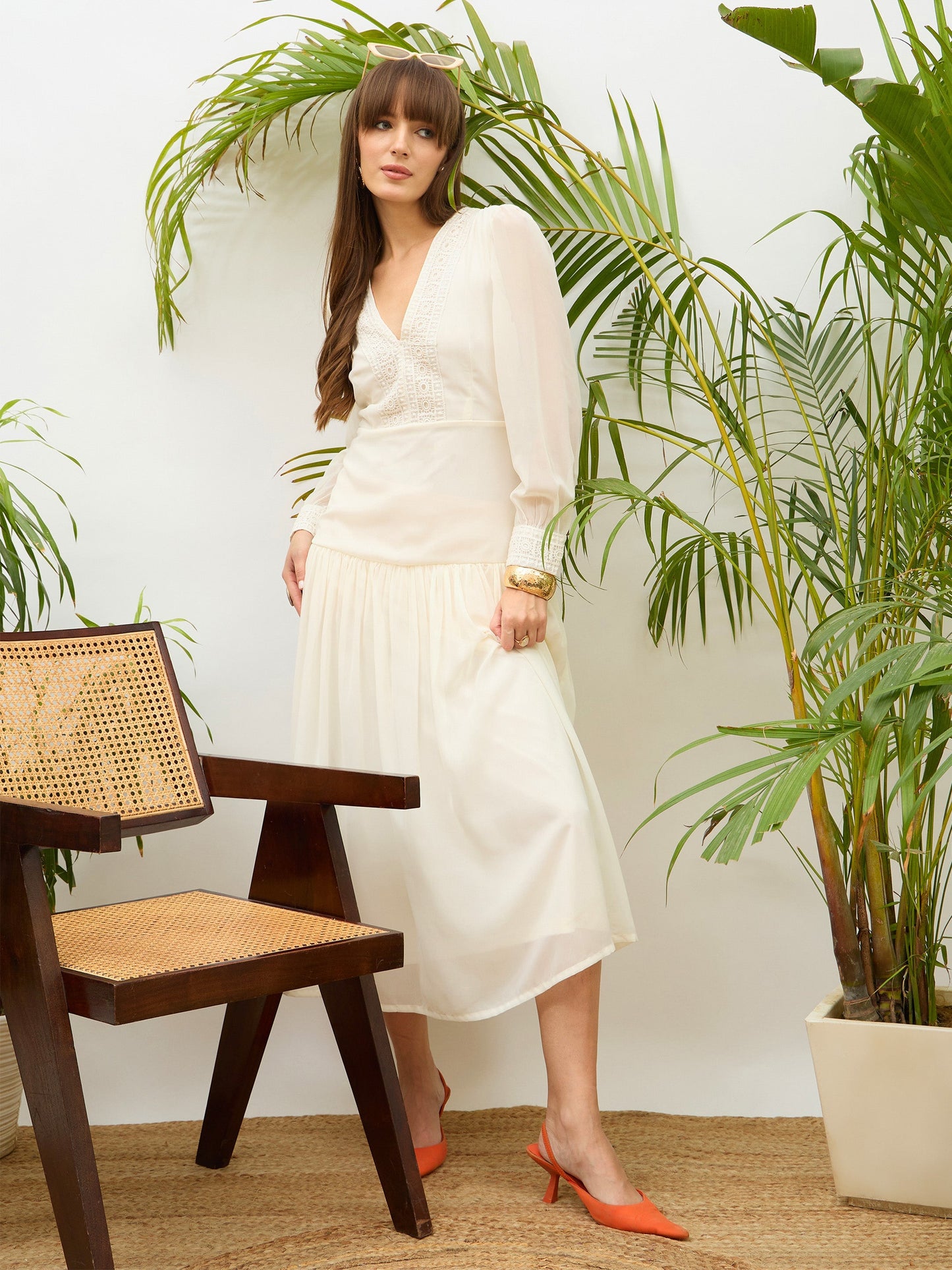 Women Off-White V-Neck Lace Detail Maxi Dress