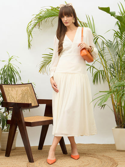 Women Off-White V-Neck Lace Detail Maxi Dress