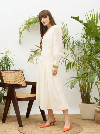 Women Off-White V-Neck Lace Detail Maxi Dress