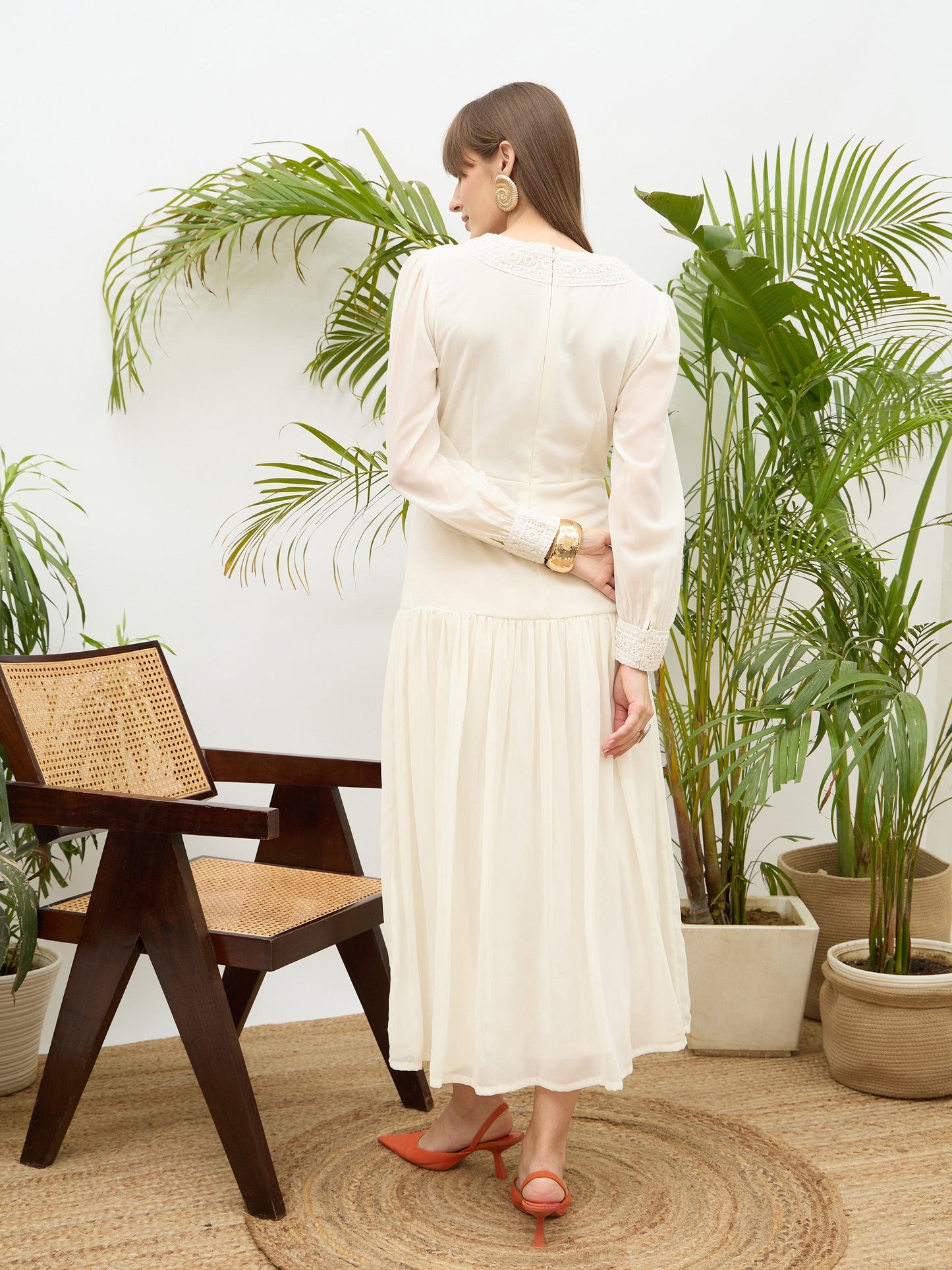 Women Off-White V-Neck Lace Detail Maxi Dress