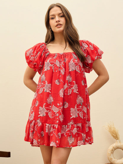 Women Red Floral Square Neck Balloon Sleeve Short Dress