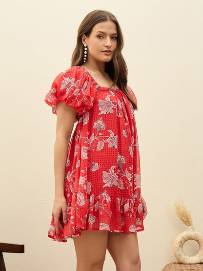 Women Red Floral Square Neck Balloon Sleeve Short Dress