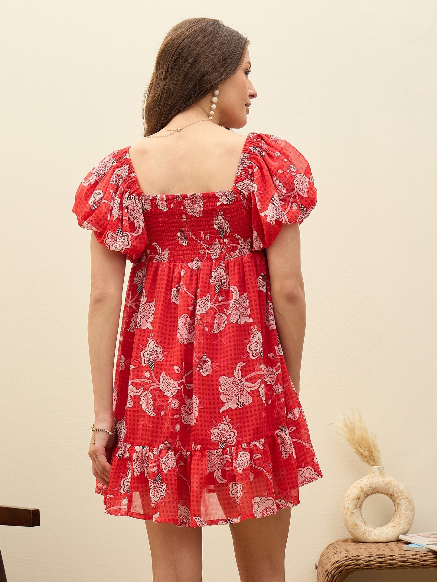 Women Red Floral Square Neck Balloon Sleeve Short Dress