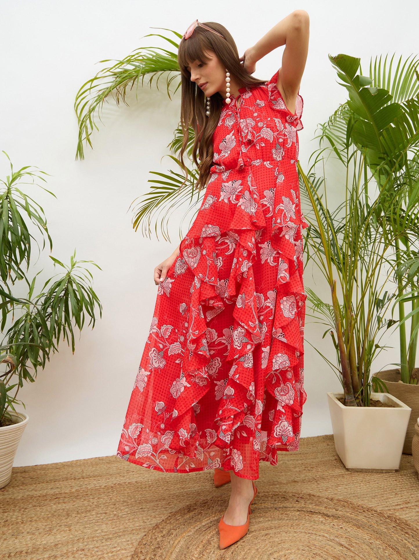Women Red Floral Front Ruffle Detail Maxi Dress