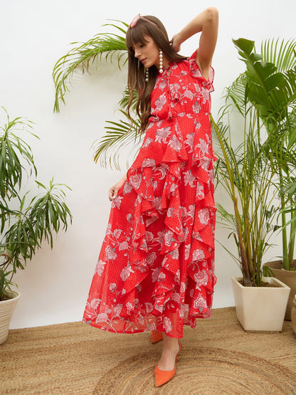 Women Red Floral Front Ruffle Detail Maxi Dress