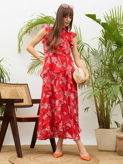 Women Red Floral Front Ruffle Detail Maxi Dress