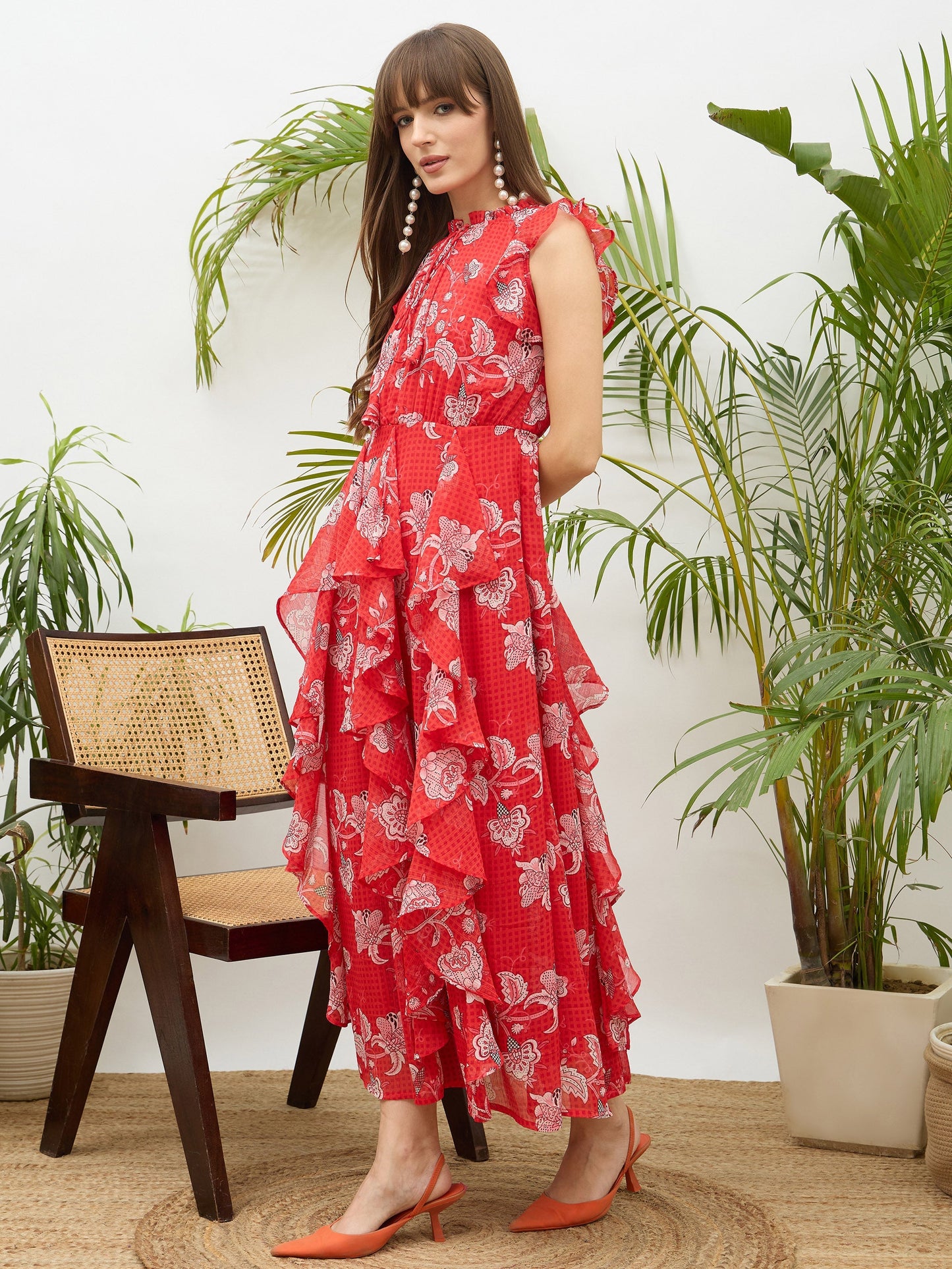 Women Red Floral Front Ruffle Detail Maxi Dress