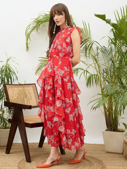 Women Red Floral Front Ruffle Detail Maxi Dress