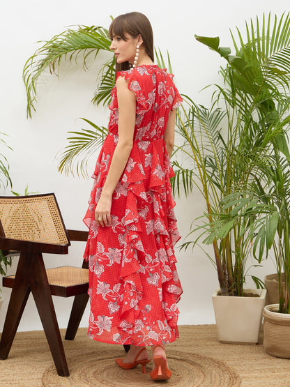 Women Red Floral Front Ruffle Detail Maxi Dress