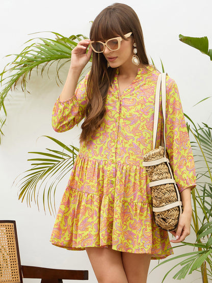 Women Neon Green Paisley Button Down Short Dress