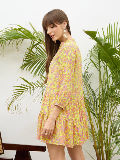 Women Neon Green Paisley Button Down Short Dress