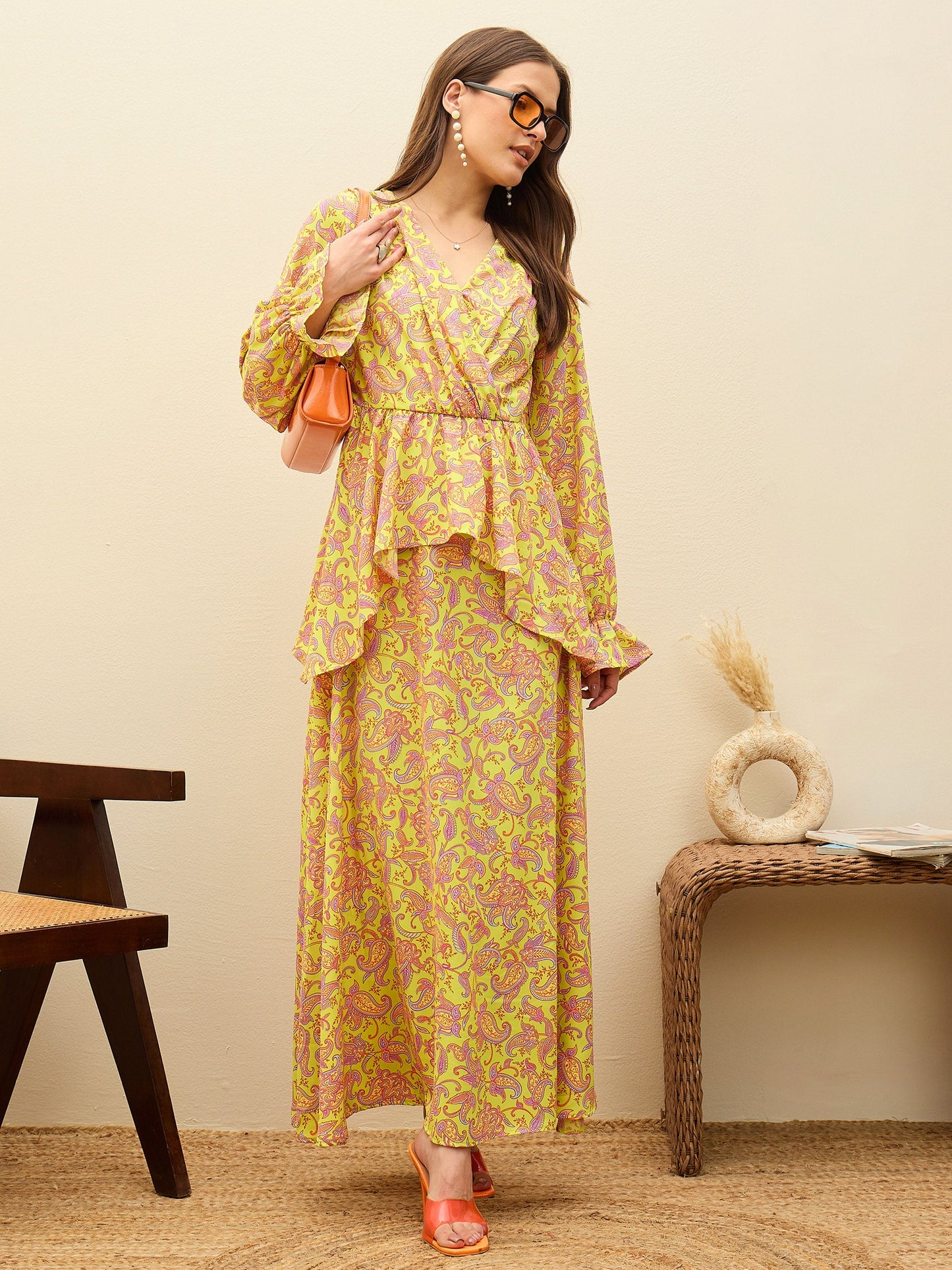 Women Neon Green Paisley Peplum Maxi Dress