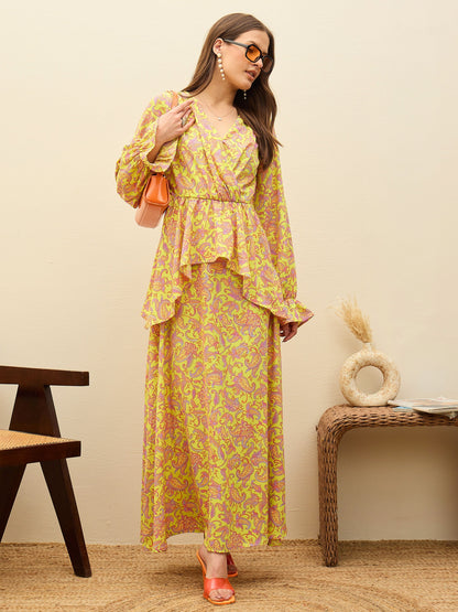 Women Neon Green Paisley Peplum Maxi Dress