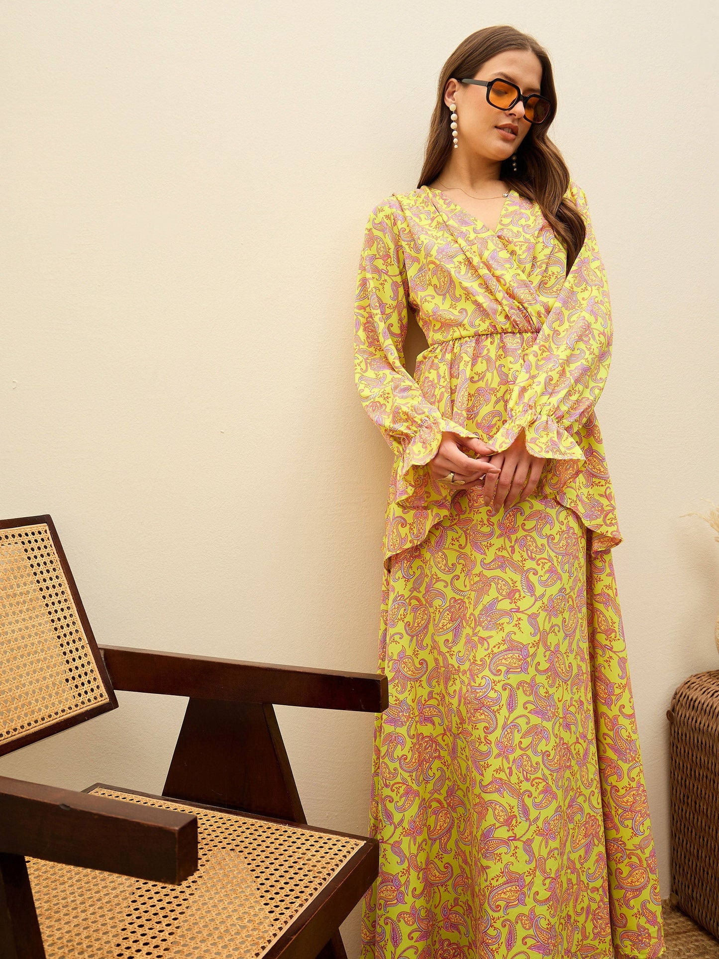 Women Neon Green Paisley Peplum Maxi Dress