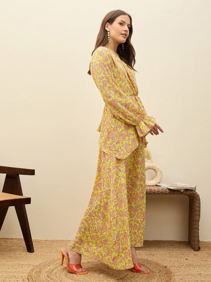 Women Neon Green Paisley Peplum Maxi Dress