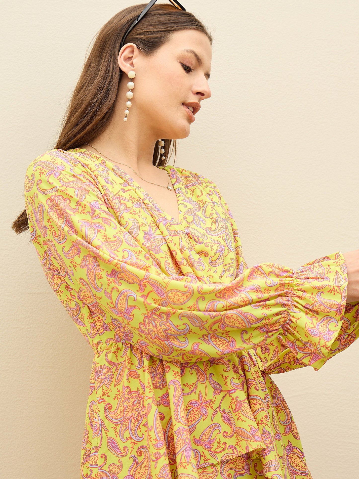 Women Neon Green Paisley Peplum Maxi Dress