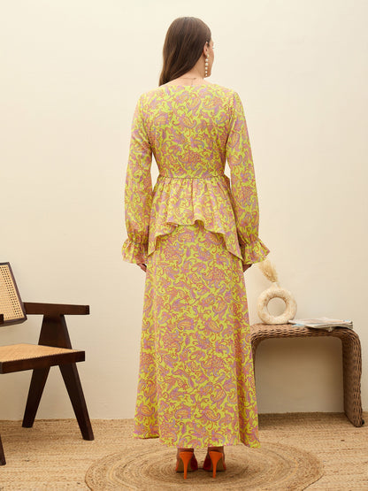 Women Neon Green Paisley Peplum Maxi Dress