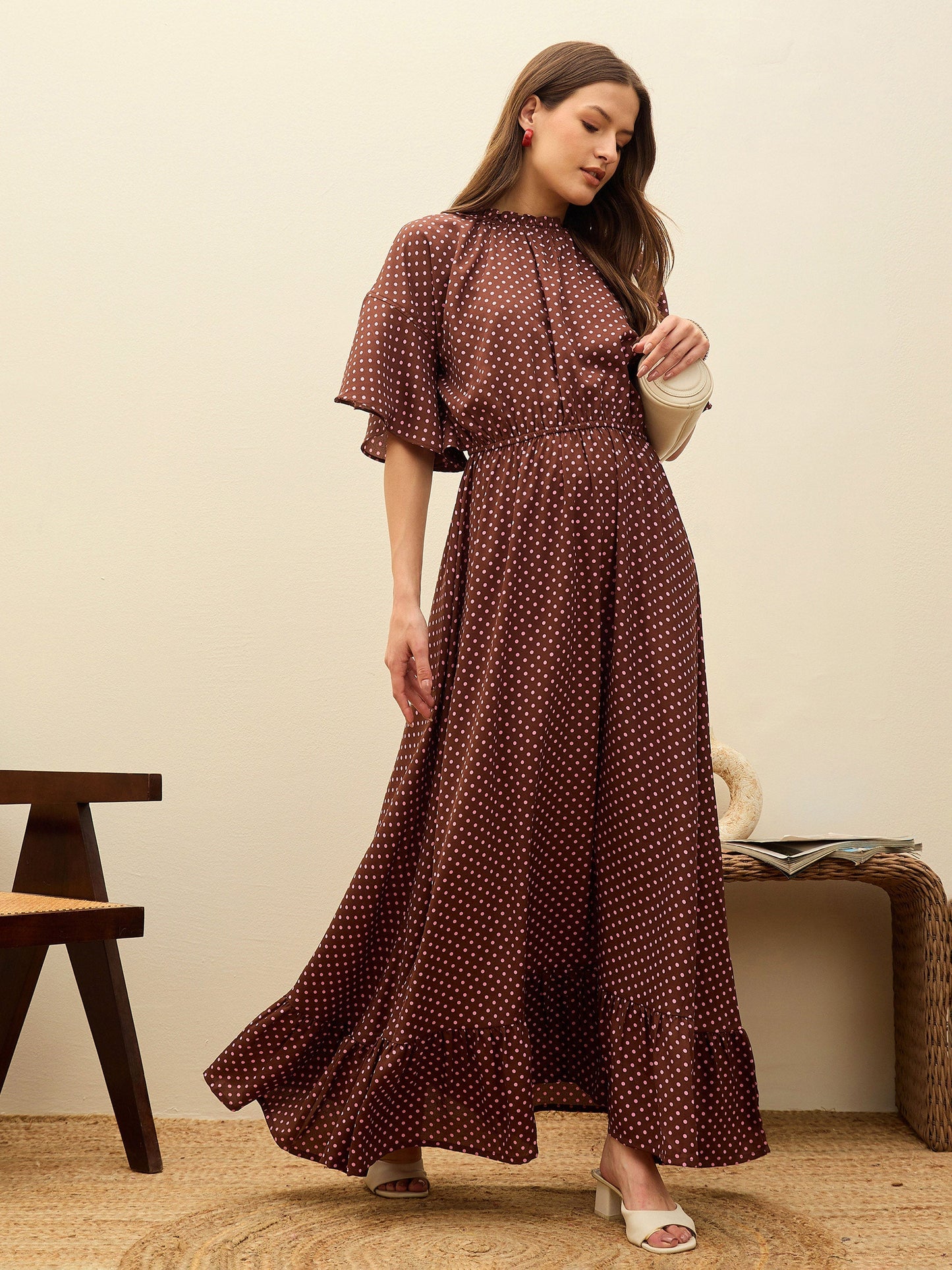 Women Brown Polka Dot Flared Hem Maxi Dress