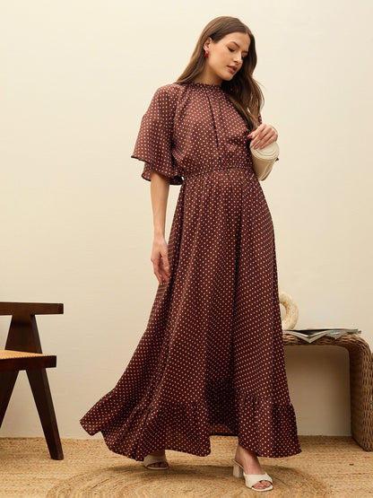 Women Brown Polka Dot Flared Hem Maxi Dress